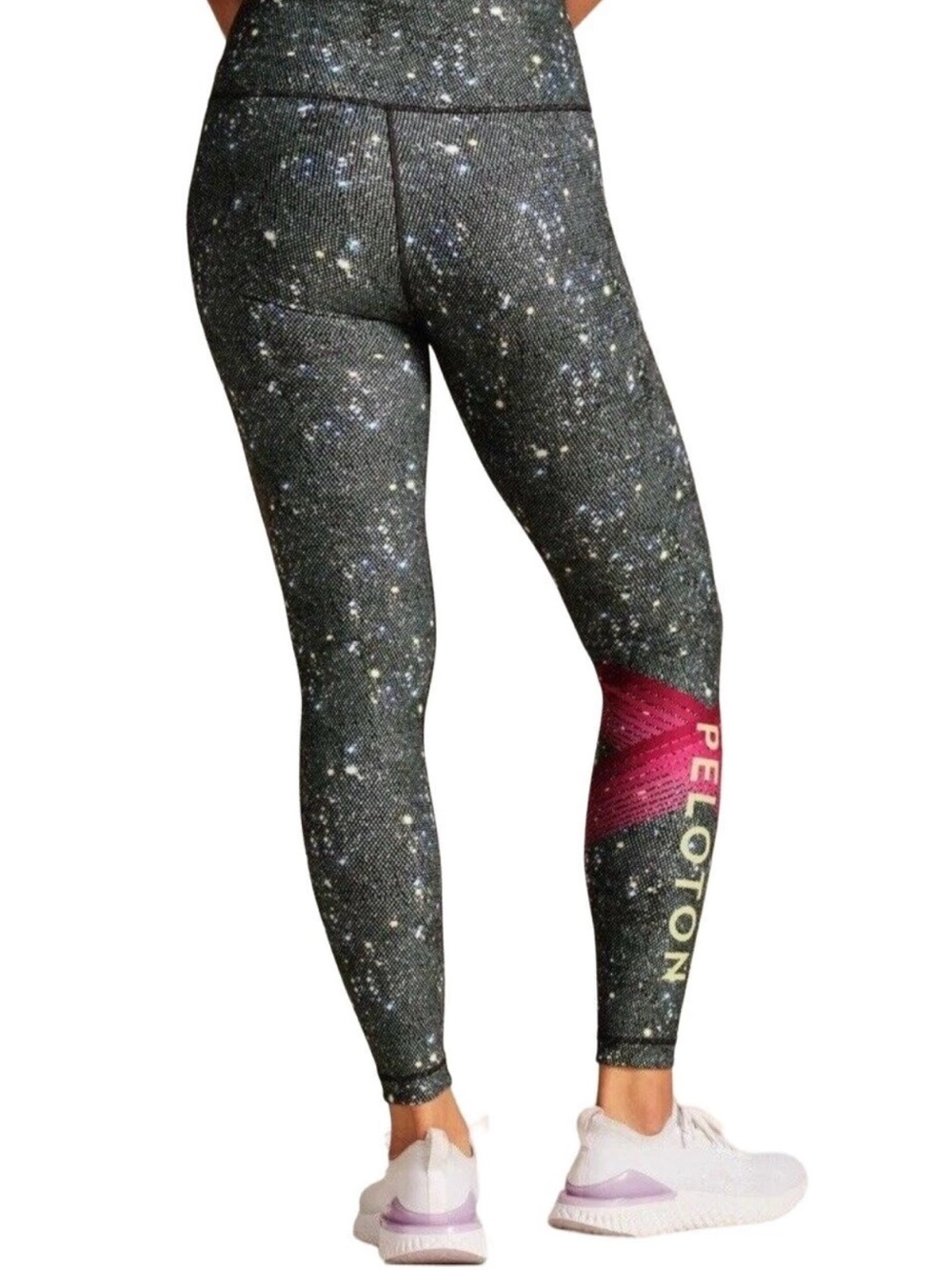 Peloton Black Galaxy Leggings with Pink Accent and Gold Logo